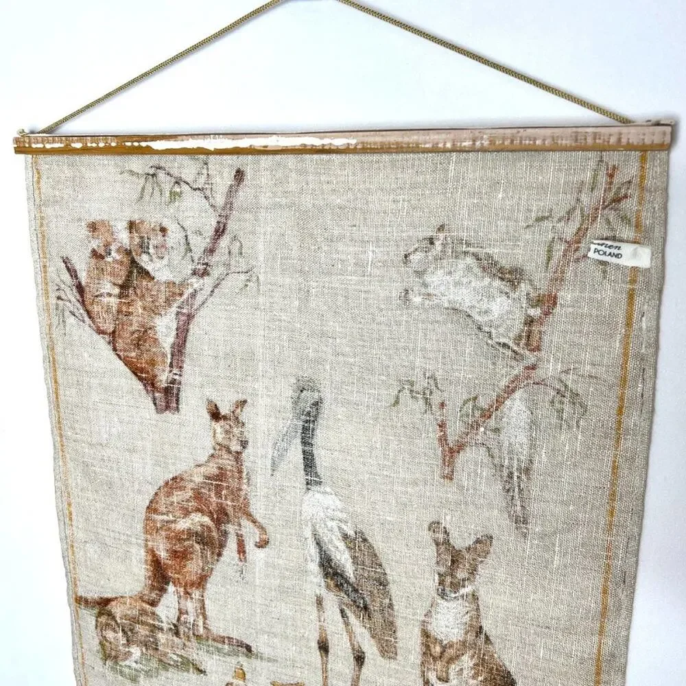 Vintage Hand Printed Pure Linen Australian Fauna Hanging Art
